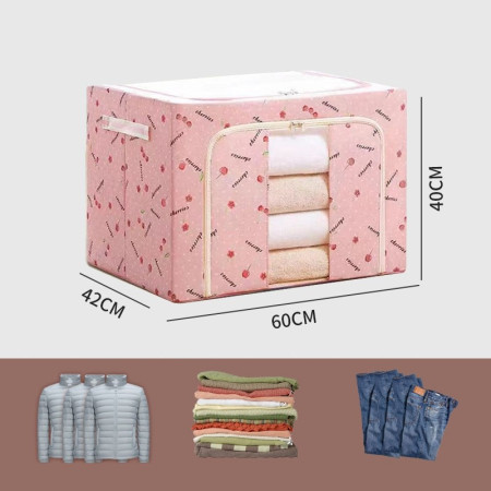 Cutie de Depozitare Pliabila,  Cu Fermoar, 100 L, Textil, 60x42x40 cm, cu Fereastra, Cadru Metalic, Suport Baza Stabil din Plastic, Imprimeu Cirese, Roz