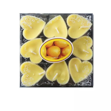 Set 9 Lumanari in Forma de Inima,  pentru Ziua Indragostitilor, Aroma de Citrice, Ardere 3.5 h, din Parafina, 4 x 2 cm, Galben