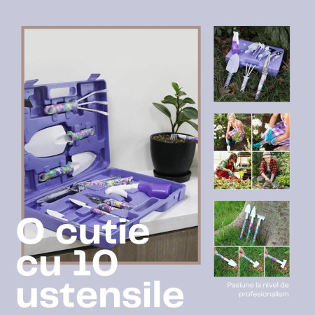 Set 10 accesorii pentru gradinarit  geanta depozitare inclusa, otel inoxidabil, 37 x 28 cm, mov