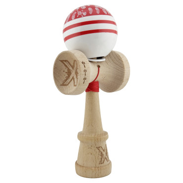 Kendama X Originala CHICANOS, Profesionala, Cyrax, Cupe Mari KING SIZE V3, Super Sticky, Gaura in Baza, Rulment Metalic, din lemn 18 cm, Ata 55 cm, Rosu/Alb