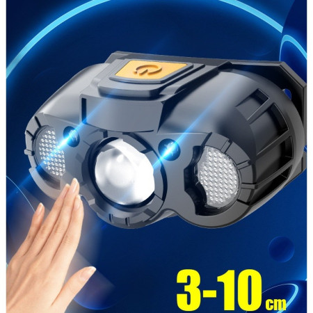 Lanterna LED de Cap,  cu Suport Inclus, Incarcare USB Tip C, Raza 100-200m, 5W, 6 Trepte de Lumina, 400 mAh, Gri