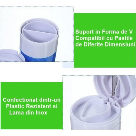 Cutie Pastile Multifunctionala,  4 in 1, Pahar Apa, Taiere, Sfaramare, Depozitare, Compact, ABS cu Lama din Inox, Alb/Albastru, 8.7x6.2x4.1 cm