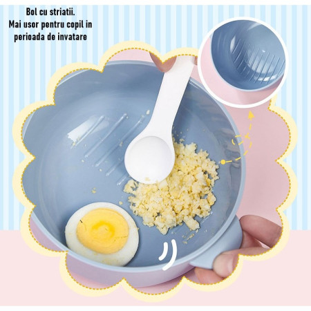 Caserola pentru copii Cyrax, lunch box, 750 ml, doua boluri, lingura, foarfeca din plastic, rezistenta la scurgeri, Albastra
