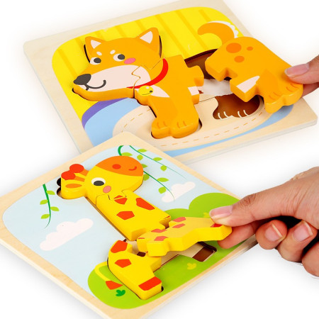 Puzzle Montessori din Lemn pentru Copii, Cyrax, 3D, 0-3 Ani, Model Girafa, Educativ, Intuitiv, Creativ, 4 Piese, 15x15x0.5 cm, Multicolor