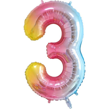 Balon din Folie Metalizata Gradient Cyrax, Figurina Cifra, Tema Aniversare 100 cm, Ambalaj Individual, Pai inclus, Umflare cu Aer sau Heliu, Multicolor, Cifra 3