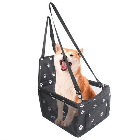 Suport pentru Animalele de Companie,  pentru Masina, cu Prindere de Scaun si Centura de Siguranta, Negru cu Imprimeu, 40x32x42cm