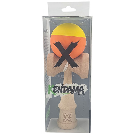 Kendama X Originala, Profesionala, Cyrax, din Lemn, Rubber Grip, 18 cm, Galben/Portocaliu
