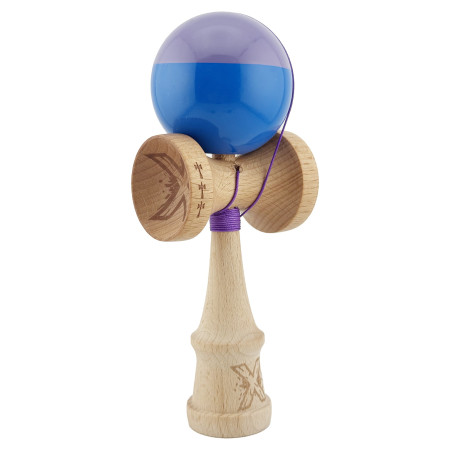 Kendama X Originala, Profesionala, Cyrax, Big Cups V2, Super Sticky cu Cupe Mari, Rulment Metalic, din lemn 18 cm, Ata 55 cm, Mov/Albastru