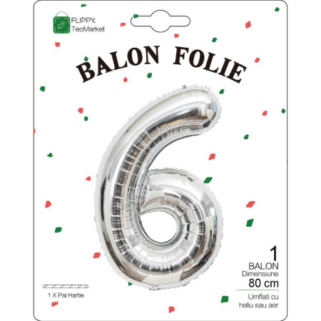 Balon din Folie Metalizata, Cyrax, Figurina Cifra, Tema Aniversare 80 cm, Ambalaj Individual, Pai inclus, Umflare cu Aer sau Heliu, Argintiu, Cifra 6