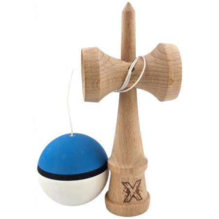 Kendama X Originala, Profesionala, Cyrax, din Lemn, 18 cm, Rubber Grip, Albastru/Alb