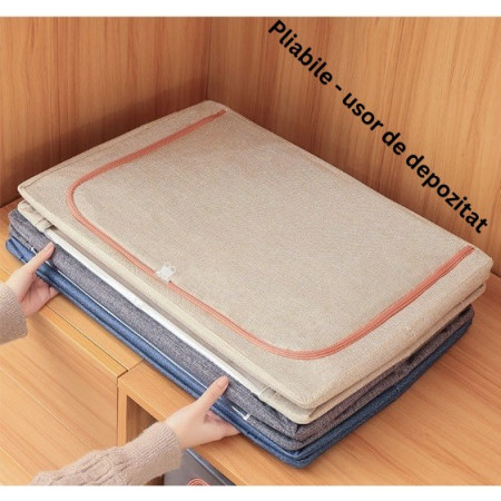 Cutie de Depozitare Pliabila,  100 L, din Bumbac si In, 60x42x40 cm, Fereastra Frontala, 2 Usi de Acces cu Fermoar Bidirectional, Cadru Metalic, Suport Baza Stabil din Plastic, Roz Pudrat