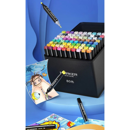 Set 80 Markere, Cyrax, pe Baza de Ulei, Dublu Capat, Subtire 1mm si Gros 6 mm, Geanta Depozitare, 15 cm, Multicolor