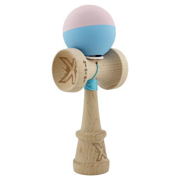 Kendama X Originala, Profesionala, Cyrax, Rubber Grip, Cupe Mari KING SIZE V3, Gaura in Baza, Rulment Metalic, din lemn 18 cm, Ata 62/65 cm, Bicolor Roz/Bleu