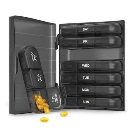 Cutie Depozitare Medicamente,  7 Zile, 21 Compartimente, Cutie Suport, Recipiente Detasabile, Portabila, Negru, 15.6x12 cm
