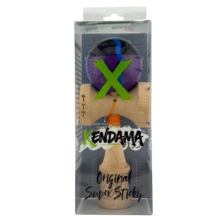 Kendama X Originala, Profesionala, Cyrax, Big Cups V2, Super Sticky Cupe Mari, Rulment Metalic cu Ata 55 cm, Negru Mov cu Linii