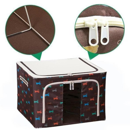 Cutie de Depozitare Pliabila,  24 L, Panza Oxford, 40x30x20 cm, Fereastra Frontala, 2 Usi de Acces cu Fermoar Bidirectional, Cadru Metalic, Suport Baza Stabil din Plastic, Imprimeu Catelus, Maro/Bej