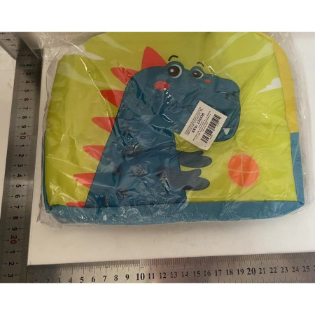 Geanta Termoizolanta pentru Copii, Cyrax, 23x13x19 cm, Model Imprimeu Dinozaur, din Folie de Aluminiu si Panza Oxford, Albastru/Galben