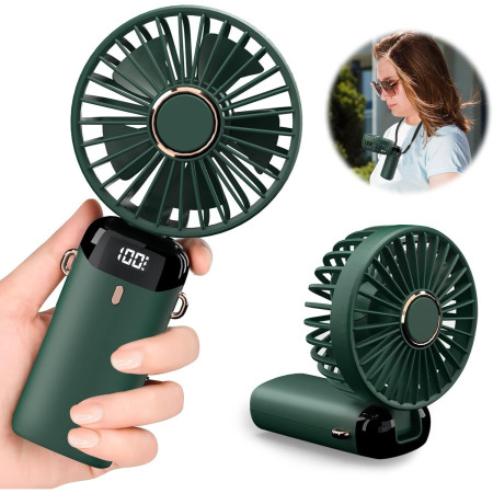 Ventilator Ultra Portabil cu Aromaterapie,  3 in 1, de Mana, de Birou, de Gat, 5 Trepte de Viteza, Incarcare USB, Autonomie 12h, Pliabil, cu Ecran LCD, Verde