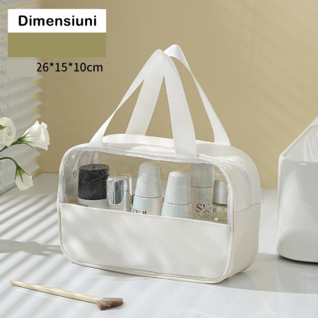 Geanta cosmetice Cyrax, pentru voiaj sau organizare, material PVC/textil, impermeabila, portabila, 26 x 15 x 10 cm, alb