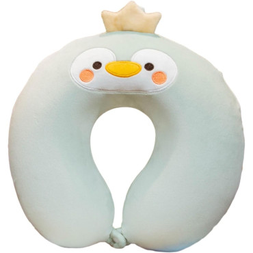 Perna de Calatorie in Forma de U,  Pentru Gat si Cap, Umplutura din Spuma cu Memorie, 30x30 cm, Model Pinguin, Accesoriu de Voiaj, Birou, Masina, Sistem Prindere Capse, Verde