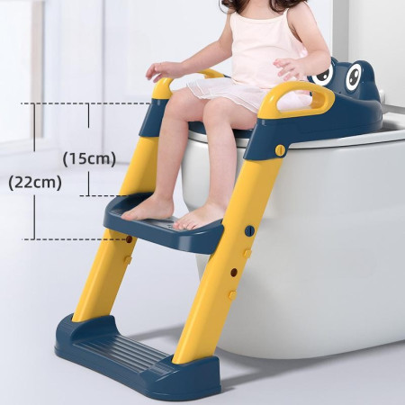 Reductor si Scaunel Inaltator WC, Cyrax, pentru Copii 1 - 7 Ani, 2 Trepte Reglabile, Pliabil, Colac Moale, cu Spatar si Manere, Inaltime 54/58 cm x 39.5 x 35 cm, din Plastic+PVC, Albastru/Portocaliu