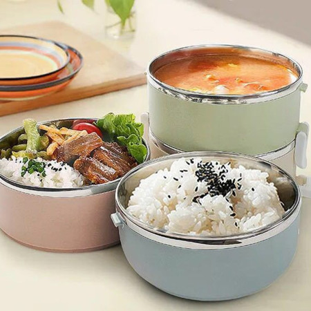 Set 2 Caserole pentru alimente Cyrax, lunch box, 1400 ml, otel inoxidabil, maner, valva aerisire, 15.5 x 15 cm, inchidere etansa, multicolor