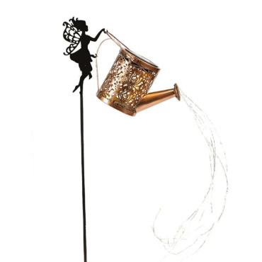 Decor Ornament pentru Gradina,  Decoratiune pentru Gradina, Model Zana cu Stropitoare, Lumini LED Alb Cald, Inaltime 63 cm, Negru