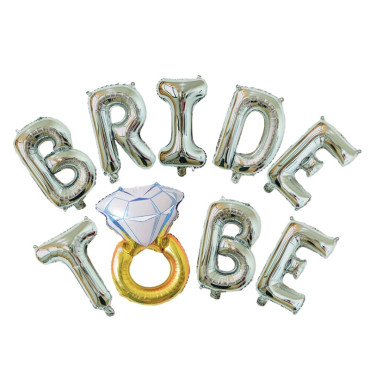 Set Baloane din Folie Metalizata, Cyrax, Model Bride to Be cu Inel de Logodna, Litere de 40 cm, Baloane Party, Ambalaj Individual, Pai Inclus, Umflare cu Aer sau Heliu, Argintiu