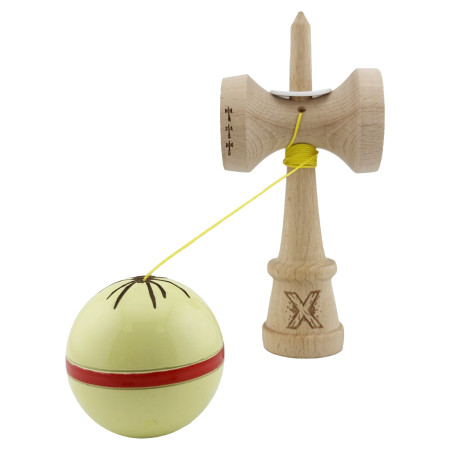 Kendama X Originala Silken, Profesionala, Cyrax, Cupe Mari KING SIZE V3, Super Sticky, Gaura in Baza, Rulment Metalic, din lemn 18 cm, Ata 62/65 cm, Cream Galben