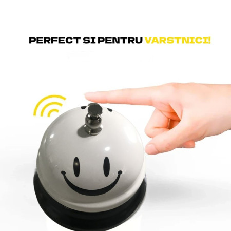 Clopotel Metalic Multifunctional, Cyrax, Alb cu Imprimeu Smiley Face, 7.5x7.5x6.5 cm, Receptie, Restaurant, Cafenele