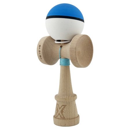 Kendama X Originala, Profesionala, Cyrax, Cupe Mari KING SIZE V3, Rubber Grip, Gaura in Baza, Rulment Metalic, din lemn 18 cm, Ata 62/65 cm, S Bicolor Albastru/Alb