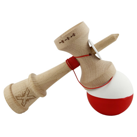 Kendama X Originala, Profesionala, Cyrax, Rubber Grip, Cupe Mari KING SIZE V3, Gaura in Baza, Rulment Metalic, din lemn 18 cm, Ata 62/65 cm, Bicolor Alb/Rosu