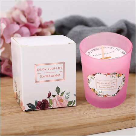 Lumanare Parfumata,  Model Pahar Roz, Aroma de Lamaie si Trandafir, din Ceara de Soia, 6.2 x 5.2 cm, Roz