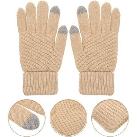 Manusi de Dama,  Functie Touchscreen (ecran tactil), Material Acril Tricotat, Manseta Elastica, Interior Catifelat, Marime Universala, Bej
