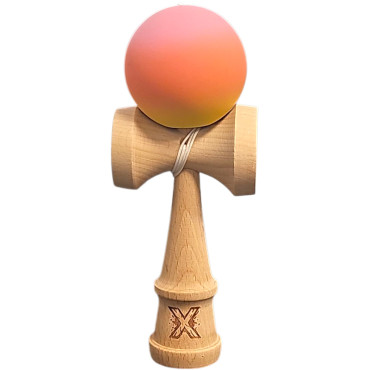 Kendama X Originala, Profesionala, Cyrax, Rubber Grip, din Lemn, 18 cm, Roz/Portocaliu/Galben