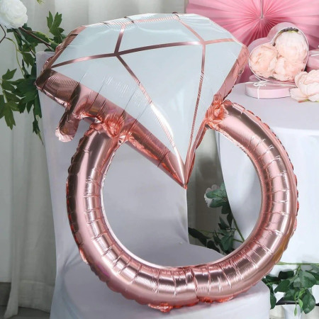 Balon din Folie Metalizata, Cyrax, Figurina Inel de Logodna, Model Diamant, Tema Nunta, 60 cm, Ambalaj Individual, Pai Inclus, Umflare cu Aer sau Heliu, Roz