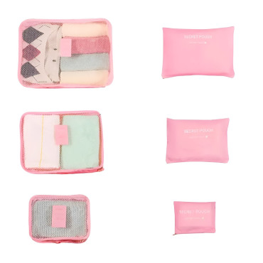 Set 6 Genți de Calatorie,  pentru Depozitare, Impermeabile, Organizator, Multifuncționale, Design cu Plasa, Pliabile, Fermoar, Dimensiuni Diferite, Roz