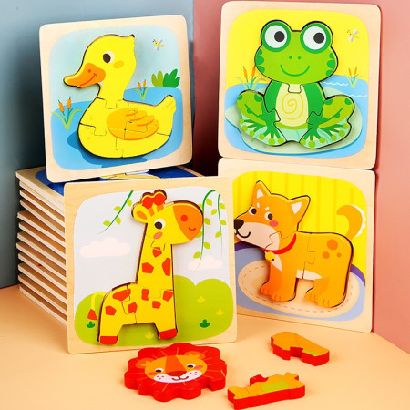 Puzzle Montessori din Lemn pentru Copii, Cyrax, 3D, 0-3 Ani, Model Ratusca, Educativ, Intuitiv, Creativ, 5 Piese, 15x15x0.5 cm, Multicolor