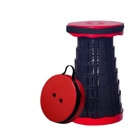 Scaun Telescopic Pliabil pentru Camping si Pescuit,  Portabil, Universal, Sustine 150 kg, ABS, Diametru 25 cm, Extensibil, Inaltime 45 cm, Rosu-Negru