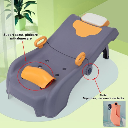 Suport Pliabil pentru Spalat Parul Cyrax, Pentru Copii, 0 - 16 ani, cu Picioare Antialunecare, Material Polipropilena, Suport Cap Reglabil, cu Manere, 82 x 40 x 28 cm, Bleumarin