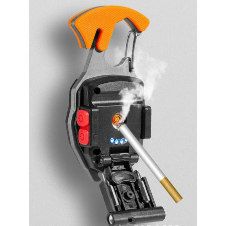 Breloc Multifunctional,  Model W5147, Kit Supravietuire, Lanterna, Bricheta, Fluier, din ABS/Aluminiu, Alimentare USB, Negru/Portocaliu