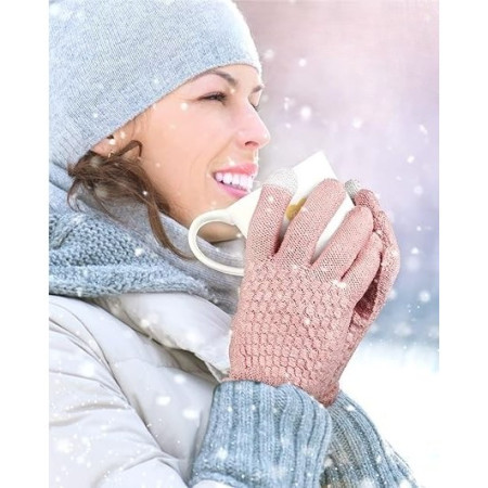 Manusi de Dama,  Functie Touchscreen (ecran tactil), Material Acril Tricotat, Manseta Elastica, Interior Catifelat, Marime Universala, Roz