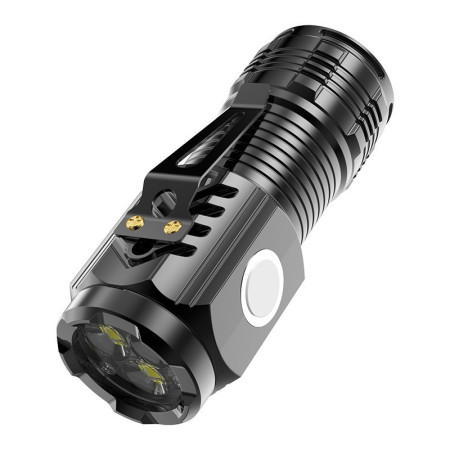 Lanterna cu 3 Nuclee Led,  Incarcare USB, Autonomie 4-20h, Raza Maxima 100-200 m, 5W, 4 x 4 x 9 cm, Suport de Agatat, Fund Magnetic, Negru