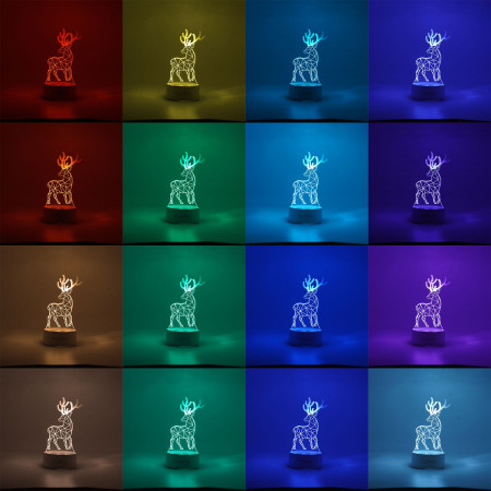 Lampa LED decorativa,  3D, Cerb, cu telecomanda, doua moduri de alimentare USB si baterii, 20 cm inaltime, din material acril si lumina multicolora, alb