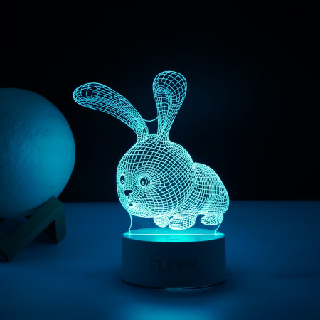 Lampa LED decorativa,  3D, Iepure, cu USB si baterii, 20 cm inaltime, din material acril, lumina multicolora si telecomanda inclusa, alb