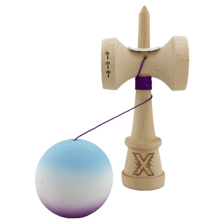 Kendama X Originala, Profesionala, Cyrax, Cupe Mari KING SIZE V3, Rubber Grip, Gaura in Baza, Rulment Metalic, din lemn 18 cm, Ata 62/65 cm, Gradient Albastru deschis/Alb/Mov
