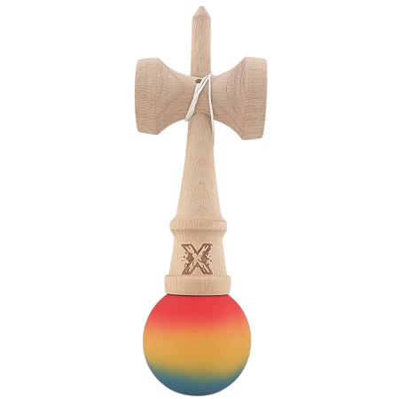 Kendama X Originala, Profesionala, Cyrax, din Lemn, Rubber Grip, 18 cm,Rosu/Galben/Albastru