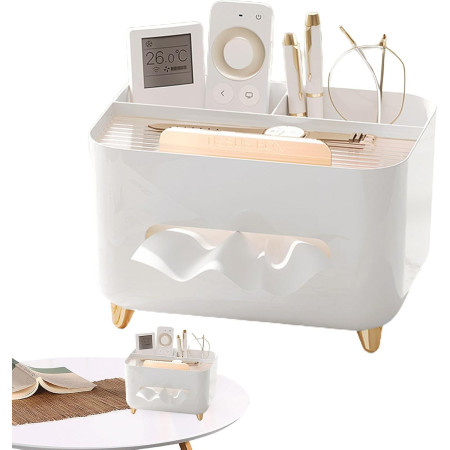 Suport pentru Servetele,  Cutie Multifunctionala, Design Minimalist, ABS, cu Suport pentru Obiectele Personale, pentru Birou, 21x15x13 cm, Alb