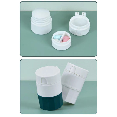 Cutie Pastile Multifunctionala,  4 in 1, Pahar Apa, Taiere, Sfaramare, Depozitare, Compact, ABS cu Lama din Inox, Alb/Verde, 8.7x6.2x4.1 cm