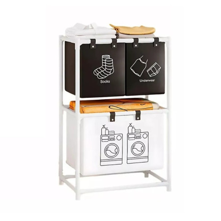 Cos de Rufe,  cu 2 Etaje,  3 Cosuri, Cadru de Otel Inoxidabil, 97x28x57 cm, Alb